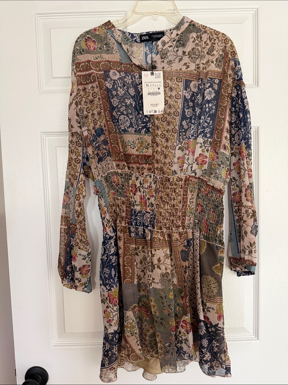 Zara Mixed Floral Patchwork Mini Dress - Blue, Beige, Brown